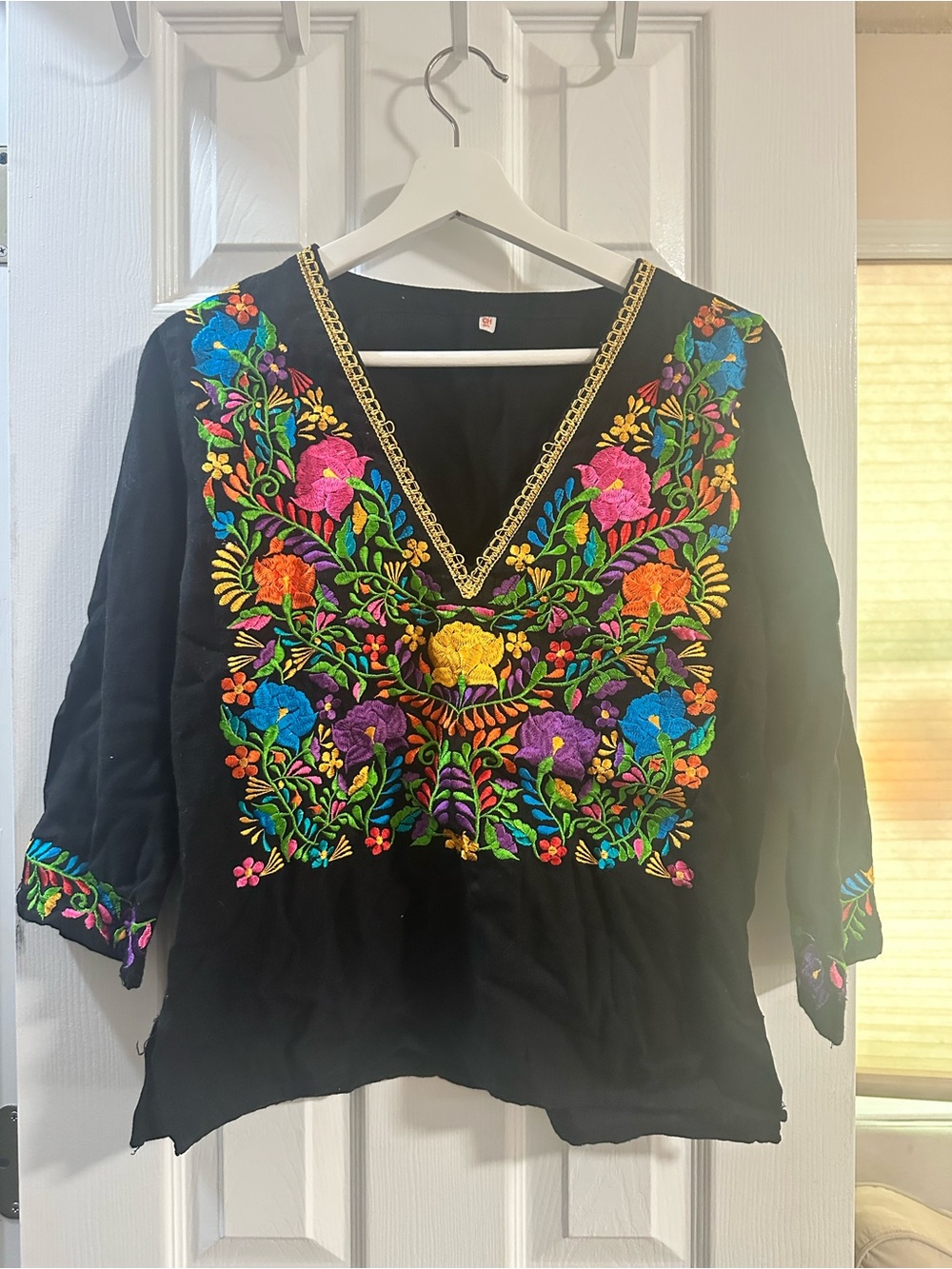 Embroidered Floral V-Neck Women’s Top - Black
